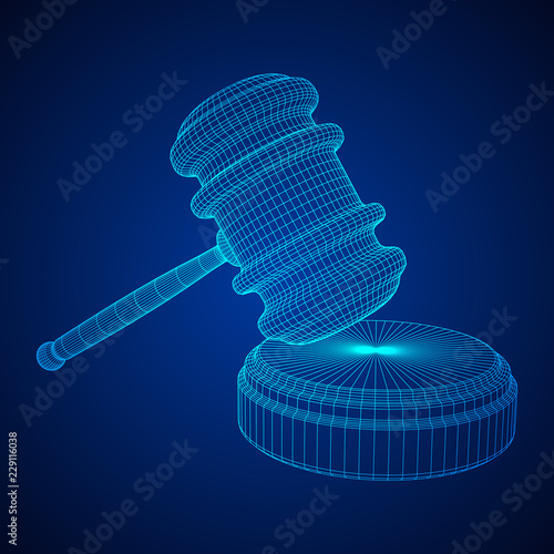 Gavel, hammer of judge or auctioneer. Wireframe low poly mesh vector illustration