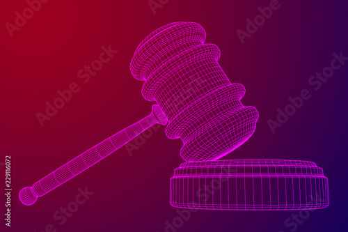Gavel, hammer of judge or auctioneer. Wireframe low poly mesh vector illustration