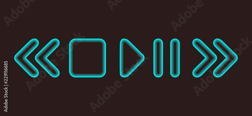Glowing vector pause / play media player rounded icons / buttons over dark background