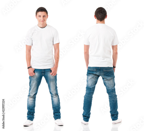 White t-shirt on a young man isolated on white background, front and back. Happy teen boy with polo shirt looking at camera.