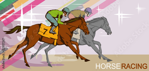 Horse racing. Jockey on racing horse running to the finish line. Race course