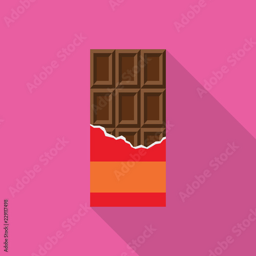 Opened Chocolate bar in a red wrapper flat icon with long shadow isolated on pink background. Simple chocolate in flat style, vector illustration.
