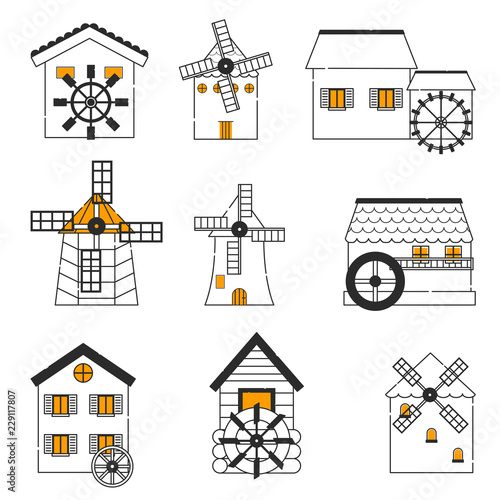 Vector set of windmills and watermills icons isolated on background
