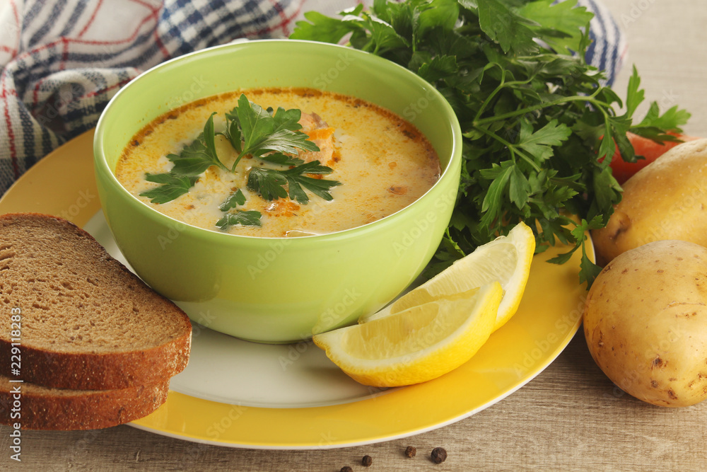 Creamy salmon soup, traditional dish for Scandinavian cuisine Creamy salmon soup, traditional dish for Scandinavian cuisine