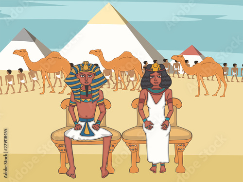 pharaoh and queen on throne at egyptian pyramids background