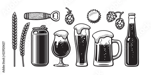 Vintage beer set. Barley, wheat, can, glass, mug, bottle, opener, hop, bottle cap. Vector illustration. Brewery, beer festival, bar, pub design.