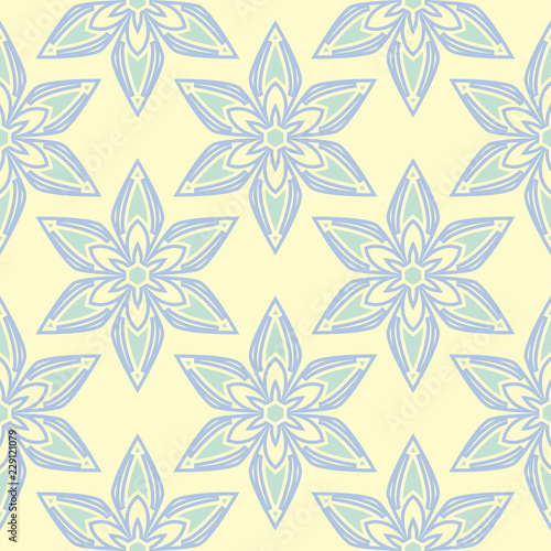 Seamless background with floral pattern. Beige background with light blue and green flower elements