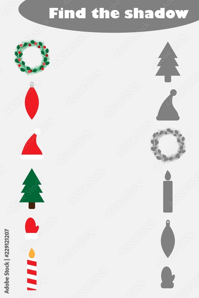 Find the shadow game with christmas pictures for children, education matching game for kids, preschool worksheet activity, task for the development of logical thinking, vector illustration