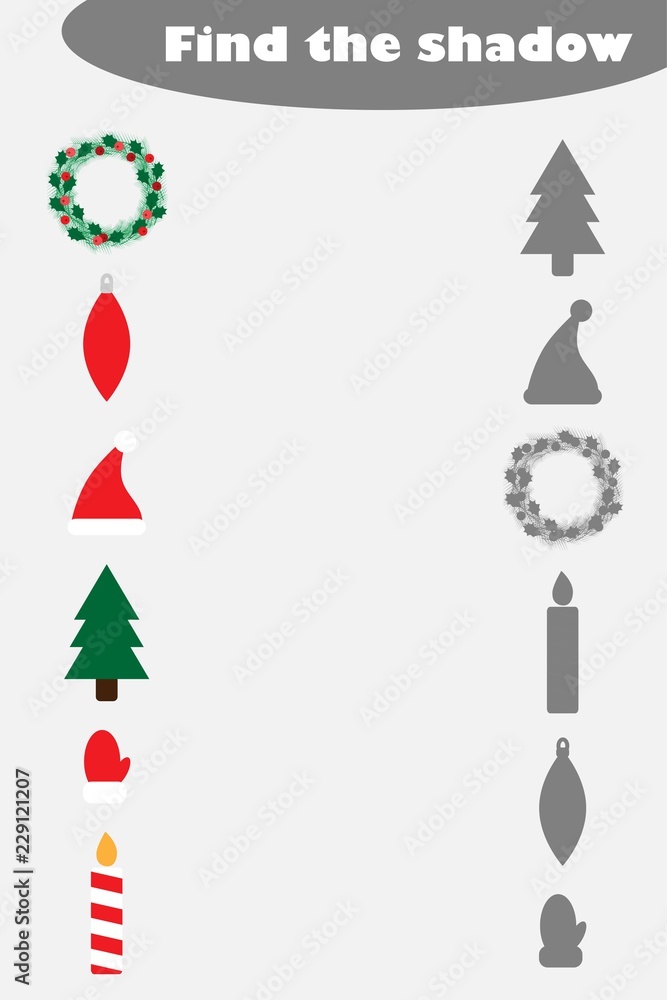 Find the shadow game with christmas pictures for children, education matching game for kids, preschool worksheet activity, task for the development of logical thinking, vector illustration Find the shadow game with christmas pictures for children, education matching game for kids, preschool worksheet activity, task for the development of logical thinking, vector illustration