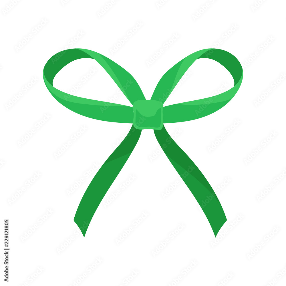 Bright green silk bow with big loops and long ends. Hair accessory for girl. Decor for gift box. Flat vector icon Bright green silk bow with big loops and long ends. Hair accessory for girl. Decor for gift box. Flat vector icon
