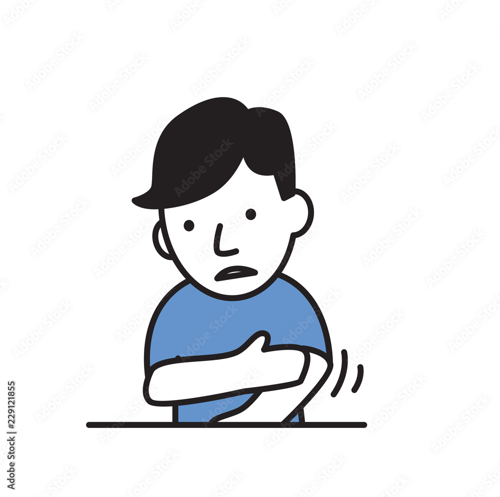 Sick boy rubbing his hand, sickness. Cartoon design icon. Flat vector illustration. Isolated on white background. Sick boy rubbing his hand, sickness. Cartoon design icon. Flat vector illustration. Isolated on white background.