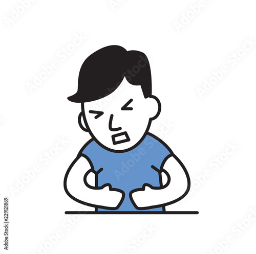 Young guy feeling stomack pain. Cartoon design icon. Flat vector illustration. Isolated on white background.