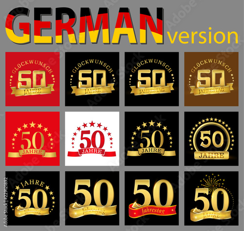 Set of number fifty (50 years) celebration design. Anniversary golden number template elements for your birthday party. Translated from the German - congratulation, years, anniversary.