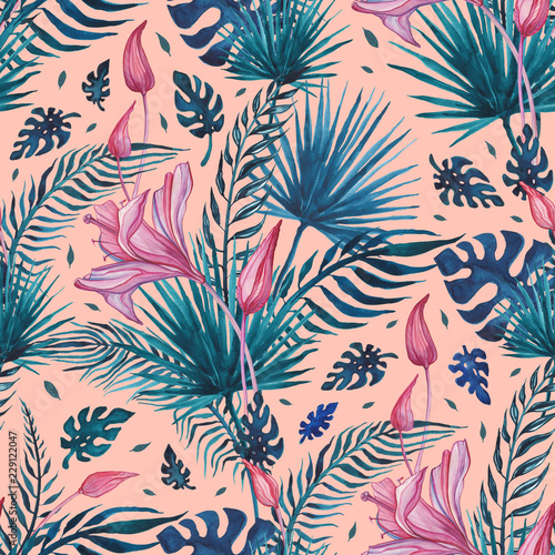 Beautiful Tropical flowers  seamless pattern. Watercolor hand drawn illustration  exotic background