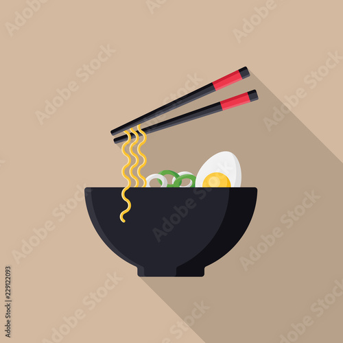 Japanese ramen soup, noodle with boiled egg flat icon with long shadow. Simple noodles in flat style. Japanese cuisine vector illustration. Bowl of noodles with a pair of chopsticks.
