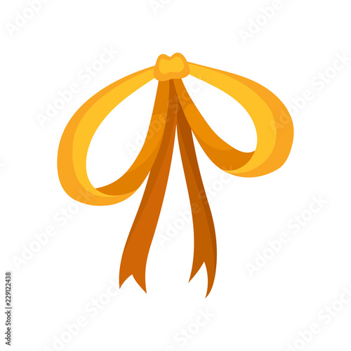 Bright yellow-orange bow with two big loops and long ends. Decor for gift box. Hair accessory for girl. Flat vector design