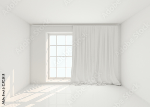 Empty white room with window and curtains. Mockup, template. 3d illustration;
