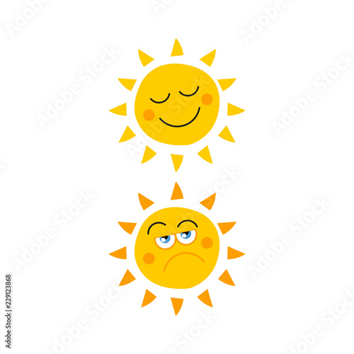 Happy smiling yellow sun and Grumpy sun icon vector