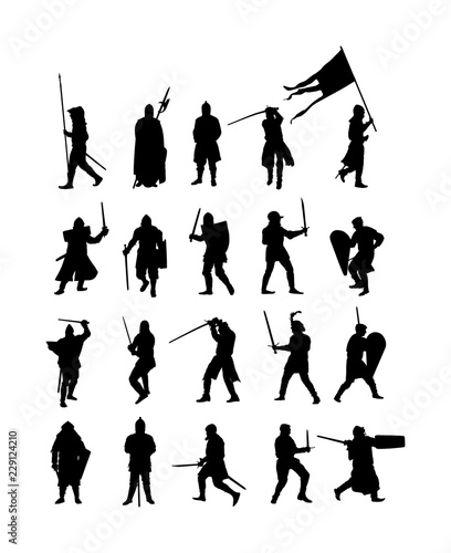 Knights in armor with sword in battle vector silhouette. Medieval fighters duel. Hero keeps castle walls. Armed brave man defends honor of his family and people. Defend country against enemy. Hangman