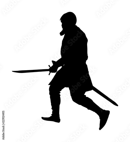 Knight in armor with sword vector silhouette isolated on white. Medieval fighter in battle. Hero keeps castle walls. Armed man defends honor of his family and people. Defend country against enemy.