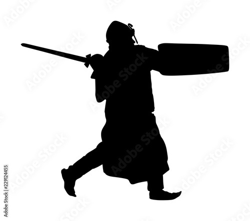 Knight in armor with sword and shield vector silhouette isolated. Medieval fighter in battle. Hero keeps castle walls. Armed man defends honor of his family and people. Defend country against enemy.