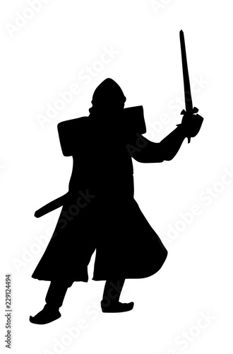 Knight in armor with sword and shield vector silhouette isolated. Medieval fighter in battle. Hero keeps castle walls. Armed man defends honor of his family and people. Defend country against enemy.
