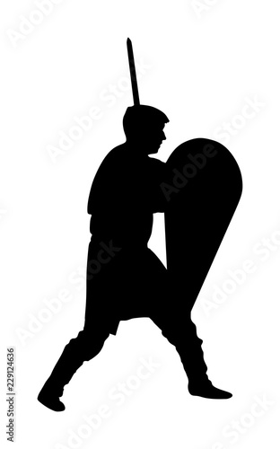 Knight in armor with spear and shield  vector silhouette isolated. Medieval fighter in battle. Hero keeps castle walls. Armed man defends honor of his family and people. Defend country against enemy.