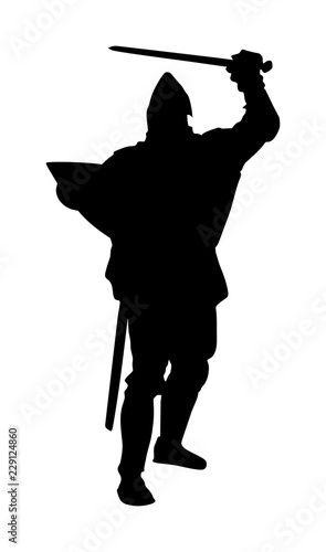 Knight in armor with sword and shield vector silhouette isolated. Medieval fighter in battle. Hero keeps castle walls. Armed man defends honor of his family and people. Defend country against enemy.