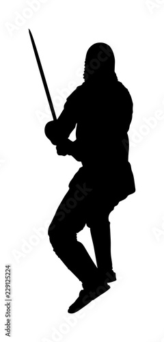 Knight in armor with sword vector silhouette isolated on white. Medieval fighter in battle. Hero keeps castle walls. Armed man defends honor of his family and people. Defend country against enemy.