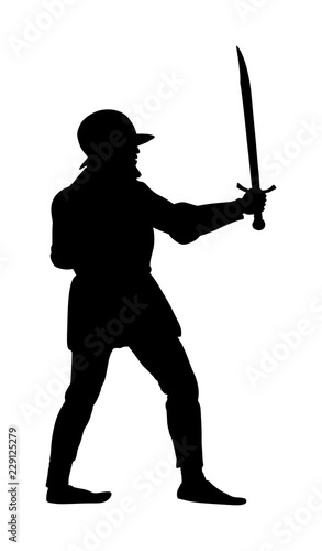 Knight in armor with sword vector silhouette isolated on white. Medieval fighter in battle. Hero keeps castle walls. Armed man defends honor of his family and people. Defend country against enemy.
