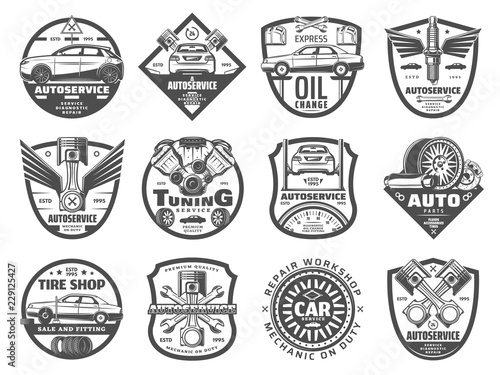 Car service, tire and engine repair icons