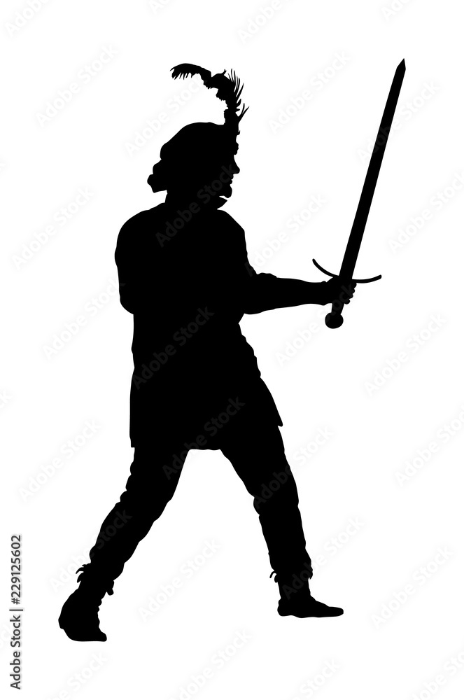 Knight in armor with sword vector silhouette isolated on white. Medieval fighter in battle. Hero keeps castle walls. Armed man defends honor of his family and people. Defend country against enemy.