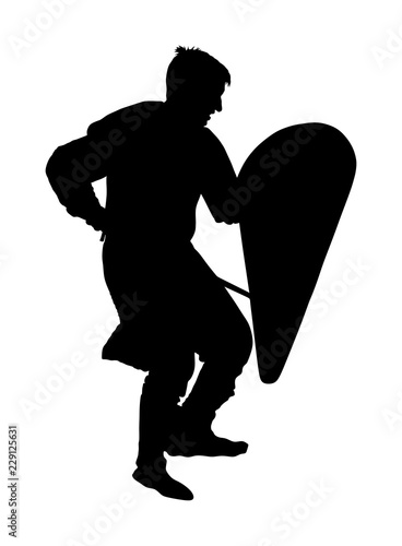 Knight in armor with sword and shield vector silhouette isolated. Medieval fighter in battle. Hero keeps castle walls. Armed man defends honor of his family and people. Defend country against enemy.