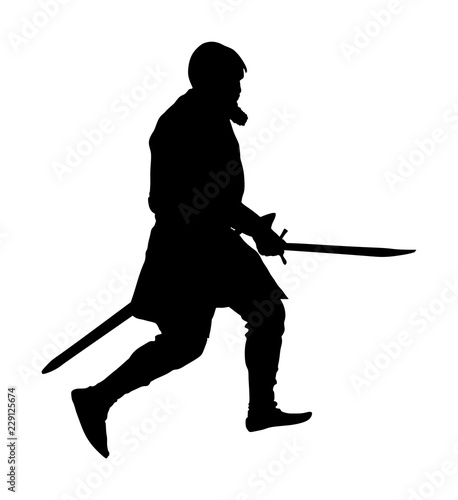 Knight in armor with sword vector silhouette isolated on white. Medieval fighter in battle. Hero keeps castle walls. Armed man defends honor of his family and people. Defend country against enemy.