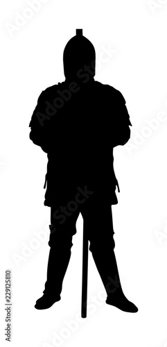 Knight in armor with helmet and ax vector silhouette  isolated. Medieval fighter in battle. Armed man defends honor of his family and people. Defend country against enemy. Hangman executioner.