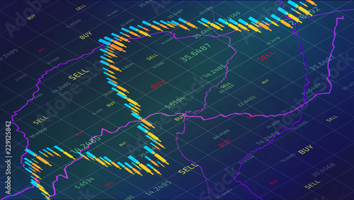 Forex trading chart online with stocks market and strategy for financial analysis. Candlestick business graph with indicators. Investment concepts. Сurrency trading screen. Vector images background.