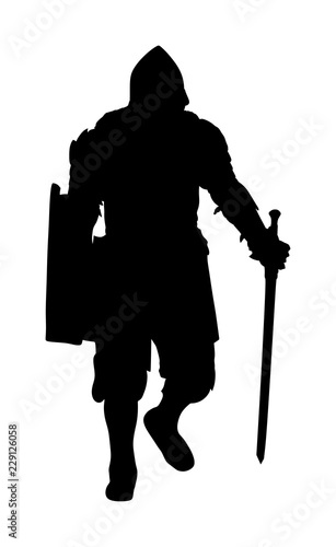 Knight in armor with sword and shield vector silhouette isolated. Medieval fighter in battle. Hero keeps castle walls. Armed man defends honor of his family and people. Defend country against enemy.