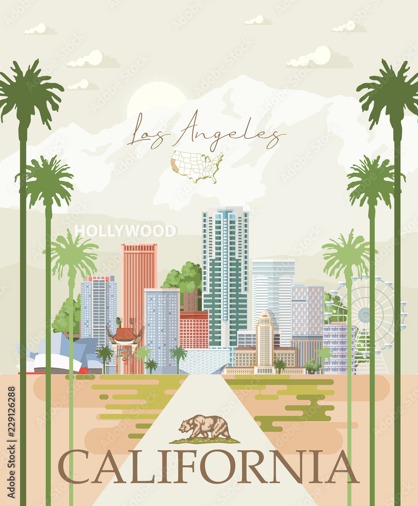 Obraz premium Szablon miasta wektor Los Angeles. Plakat Kalifornii w kolorowym stylu płaski.