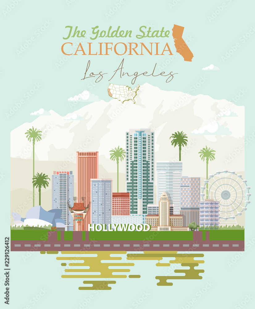 Fototapeta premium Szablon miasta wektor Los Angeles. Plakat Kalifornii w kolorowym stylu płaski.