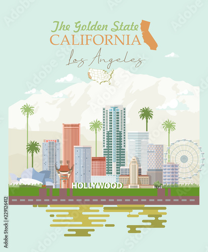 Los Angeles vector city template. California poster in colorful flat style.