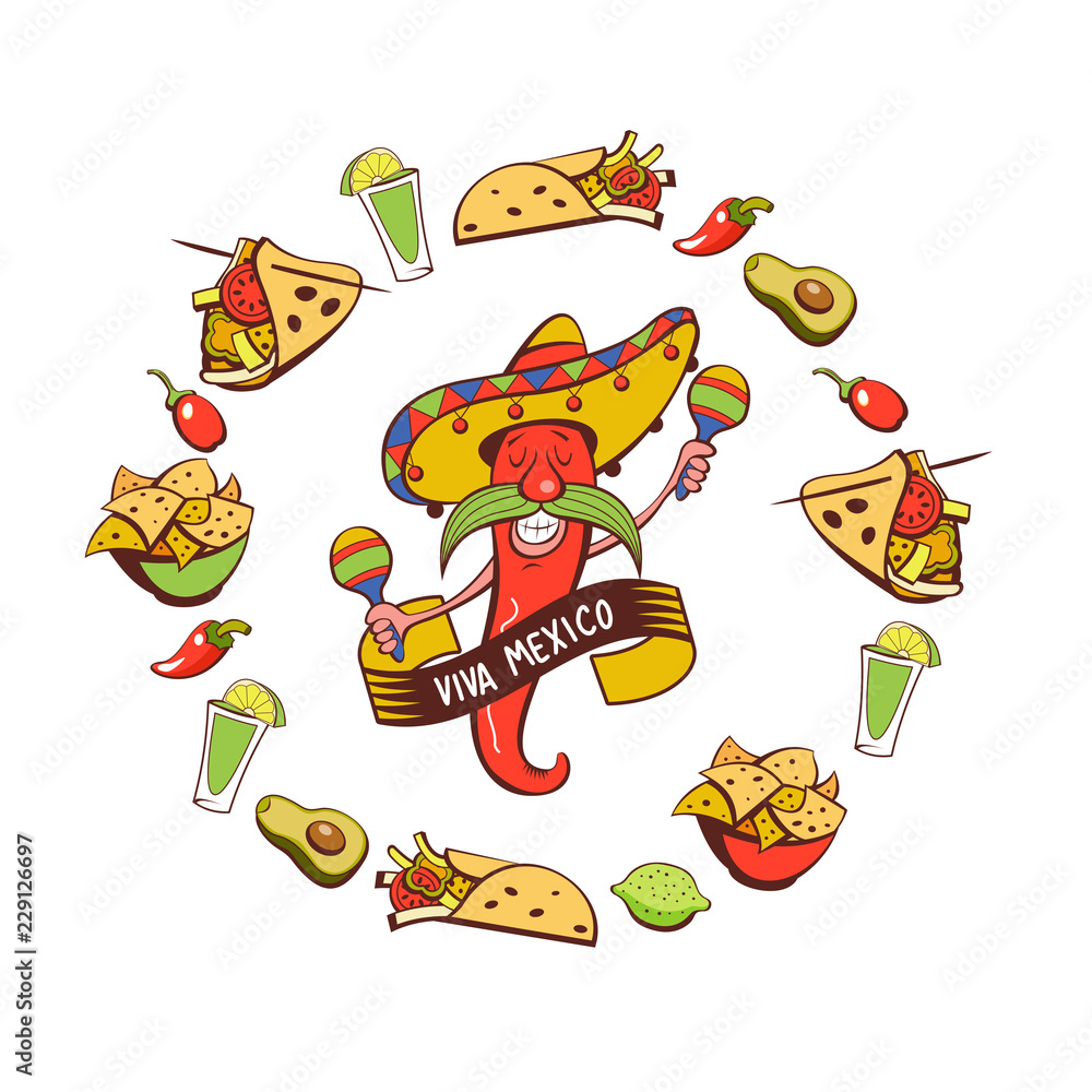Red chili in a sombrero dancing with maracas. Mexican food. A set of popular Mexican dishes, fast food. Vector illustration. Red chili in a sombrero dancing with maracas. Mexican food. A set of popular Mexican dishes, fast food. Vector illustration.