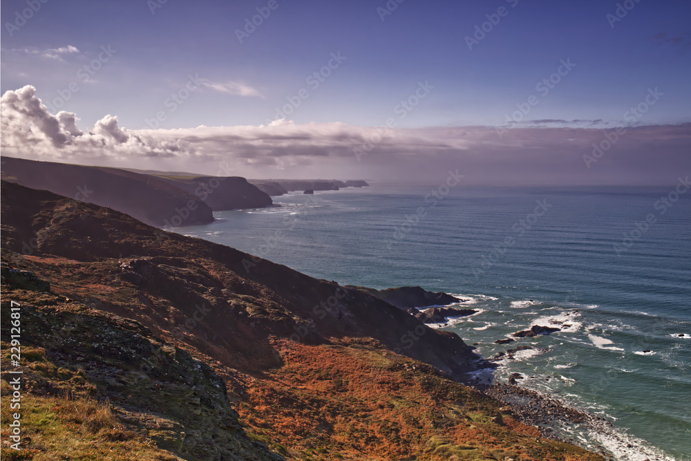 A scenic view of the west Cornwall coast taken from the South West Coastal Path near Tintagel and Bossiney on a sunny Autumn day