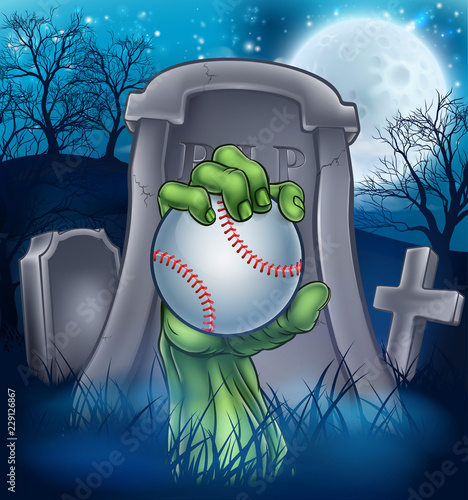 Photography A sports Halloween graveyard illustration with a zombie hand breaking out of a grave holding a baseball ball