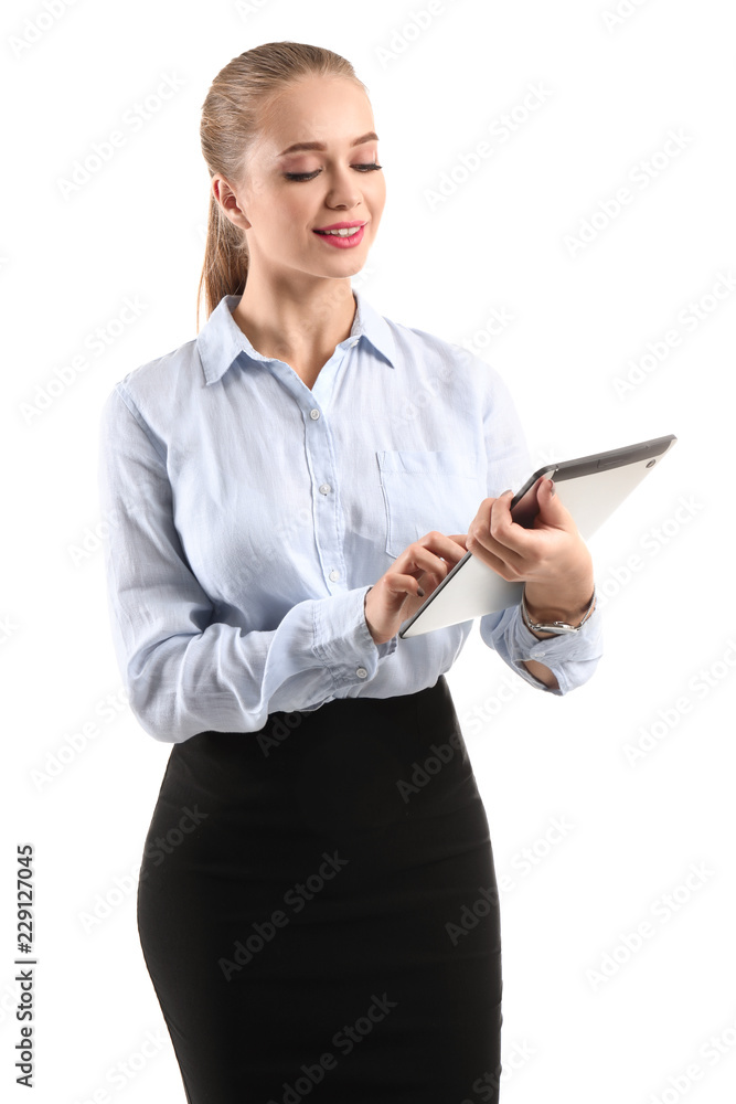 Beautiful female secretary with tablet PC on white background Beautiful female secretary with tablet PC on white background
