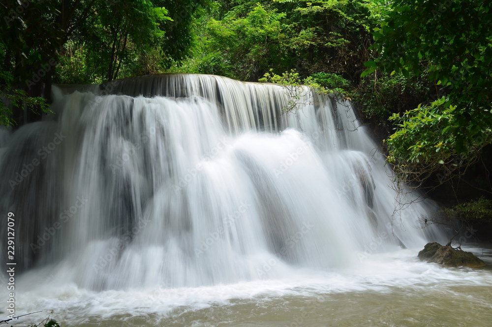 Scenic view of waterfall in the forest (cliff of palace),huai mae khamin waterfall,kanchanaburi,thailand.