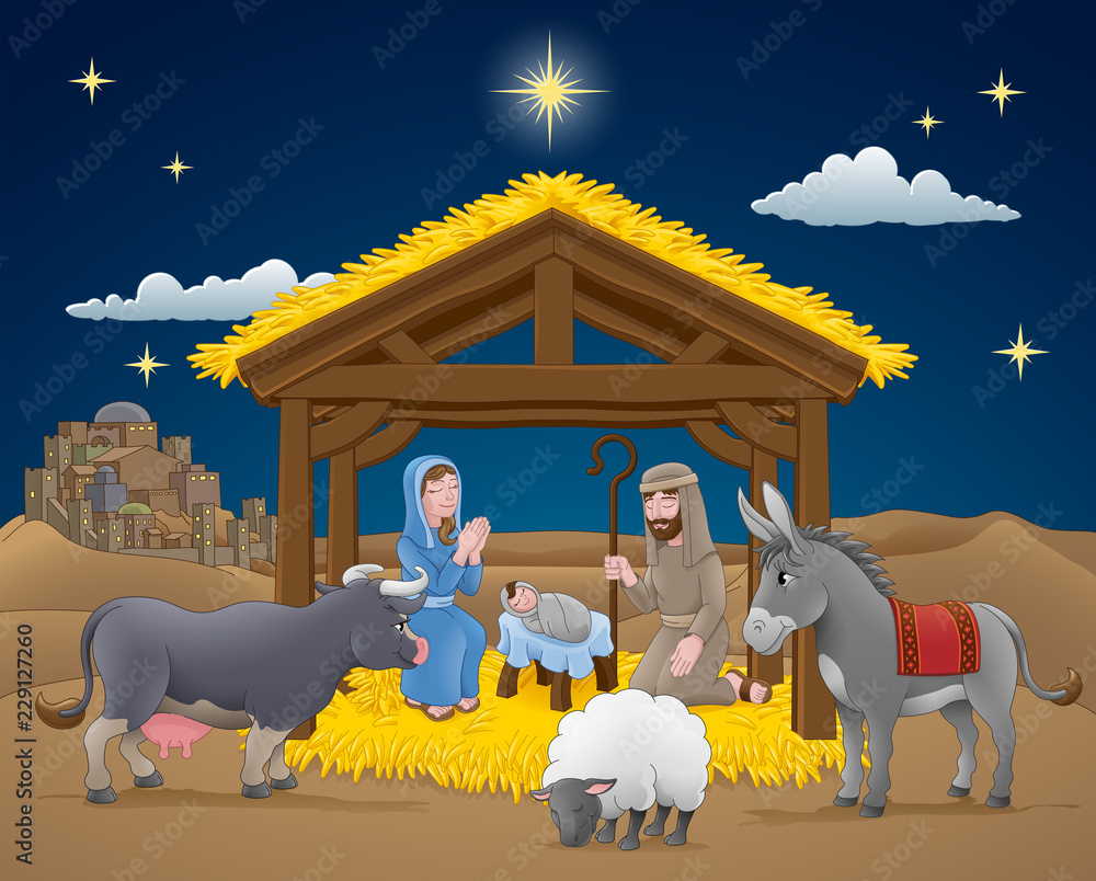 A Christmas nativity scene cartoon, with baby Jesus, Mary and Joseph in the  manger with donkey and other animals. The City of Bethlehem and star above.  Christian religious illustration. Stock Vector |