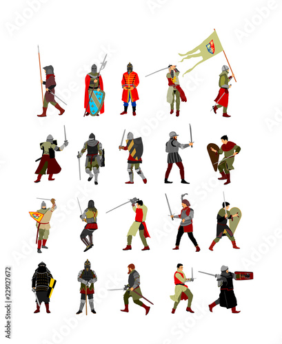 Spear knights in armor with sword in battle vector. Medieval fighters duel. Hero keeps castle walls. Armed brave man defends honor of his family and people. Defend country against enemy. Scary hangman