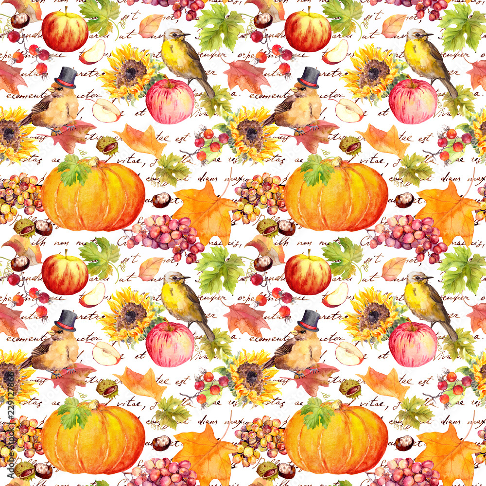 Thanksgiving repeating pattern - birds, fruits, vegetables - pumpkin, apples, grape with autumn leaves. Vintage watercolor with hand written text