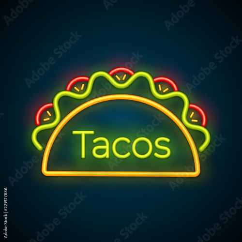 Traditional tacos meal neon glowing label illustration. Spicy vector night light taco sign with beef, green salad and red tomato with label Tacos for roadside neon style advertising design.