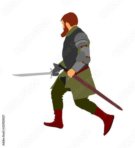 Knight in armor with sword vector illustration isolated on white. Medieval fighter in battle. Hero keeps castle walls. Armed man defends honor of his family and people. Defend country against enemy.